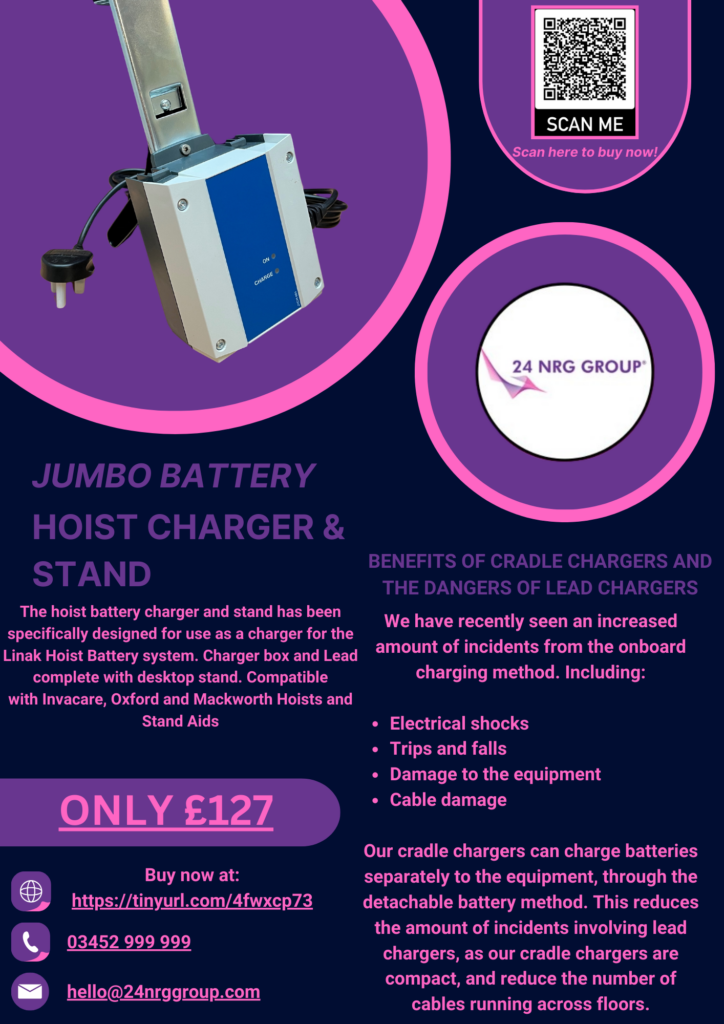 Promotional flyer for the 'Hoist Battery & Jump Charger' by 24 NRG Group. Features product details, pricing, and safety information, along with contact details and a QR code.